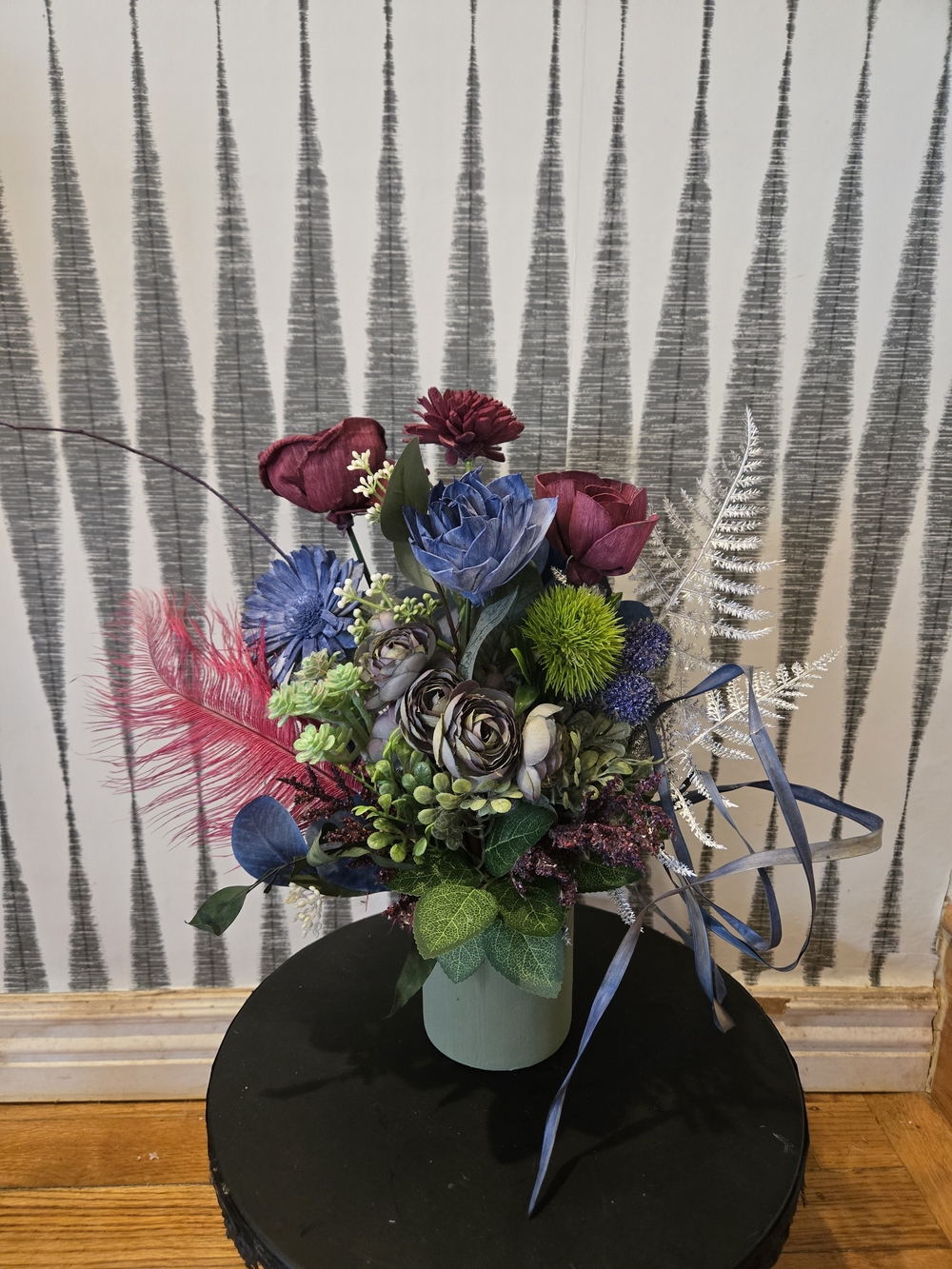 Burgundy, Dusty Blue & Sage Green Sola Wood Floral Arrangement with Vase – Boho